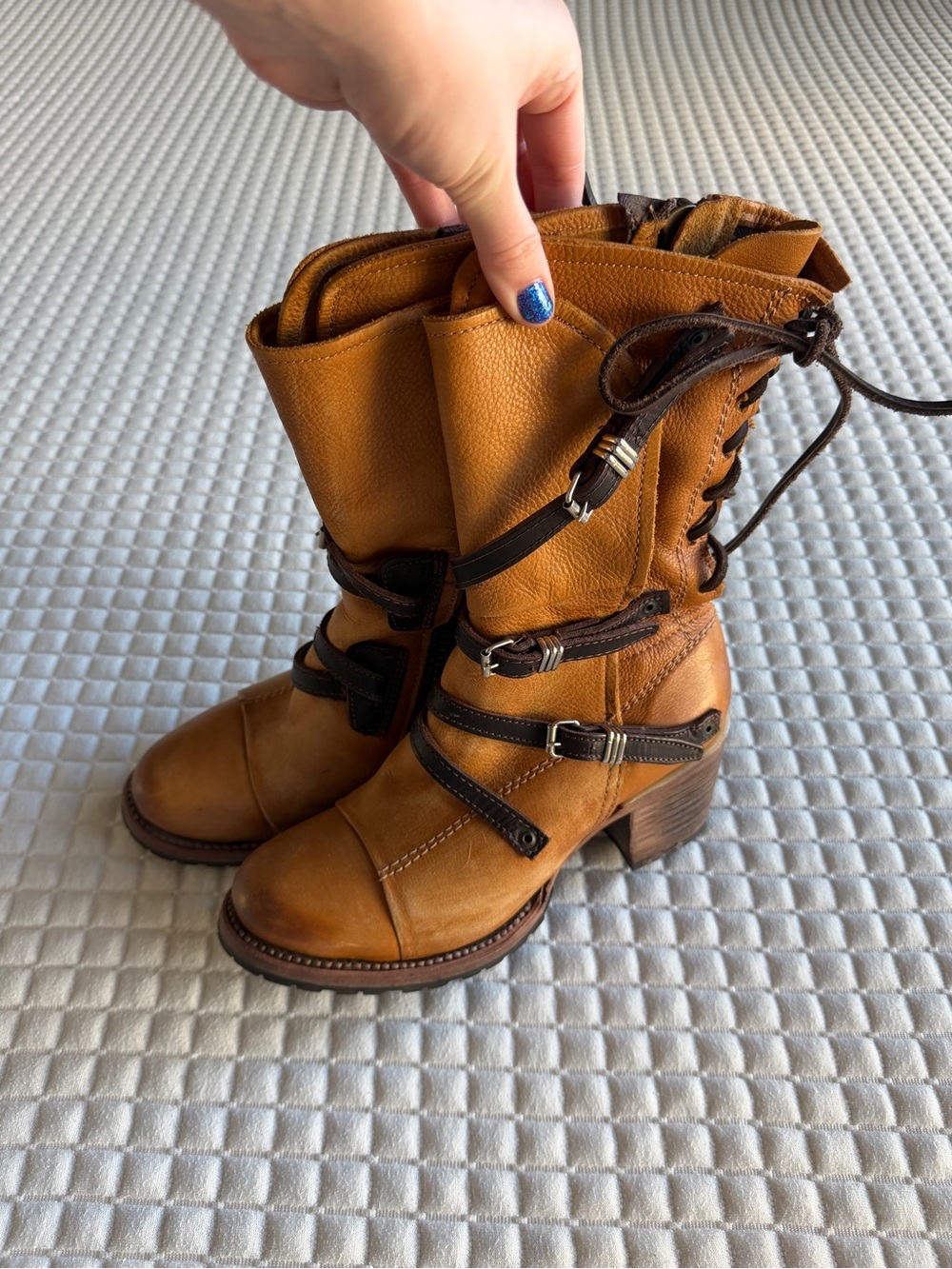 Freebird Cora Brown Leather Mid-Calf Heeled Buckle Lace-Up Boots